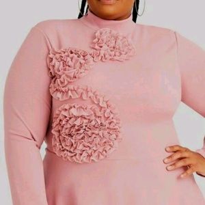 Peplum Pink Rosette Mock Neck Blouse